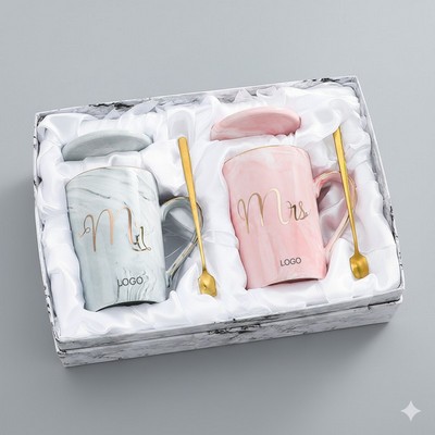 Elegant Marble-Textured Ceramic Mug Set Handcrafted Porcelain Coffee Cups Romantic Wedding Gift